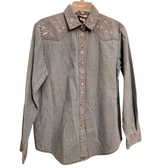 NWT Teddi Western Denim Pearl Button-Up Shirt Floral Embroidery Long Sleeves PS - Picture 2 of 14
